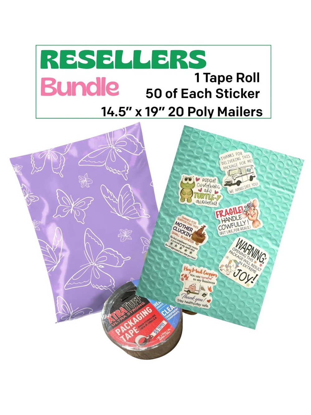 Deluxe Shipping Bundle 20 Poly Mailers 300 Stickers Tape